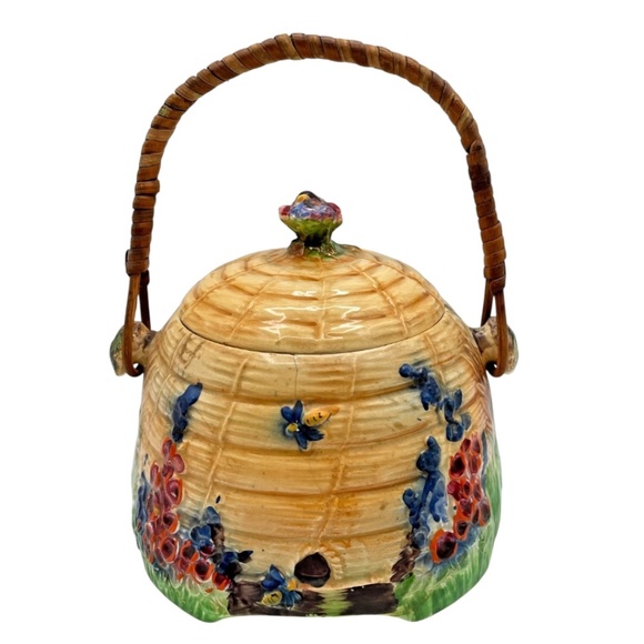 Vintage Royal Winton Grimwades Bee Hive Biscuit Barrel 1930's Bamboo Handle - Picture 2 of 12
